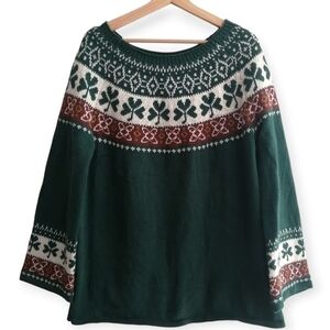 Handmade Knit Shamrock Fair Isle Green Wide Neck Sweater XL (Fits Various)